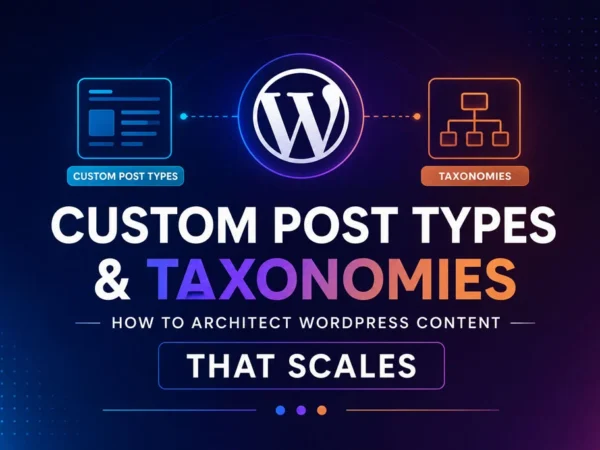 Illustration of Custom Post Types and Taxonomies in WordPress showing a scalable content architecture for organizing and managing structured website content.