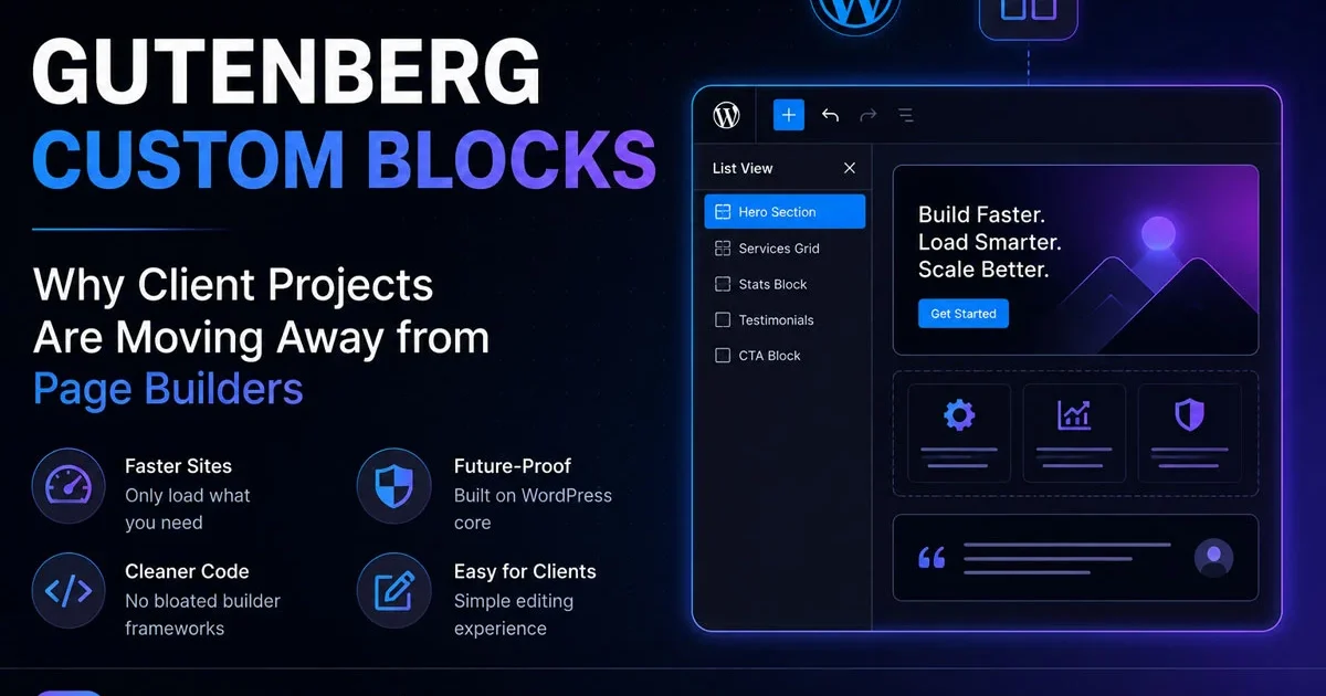 Gutenberg Custom Blocks in WordPress 2026 showing why client projects are moving away from page builders like Elementor and Divi for faster, custom WordPress development.