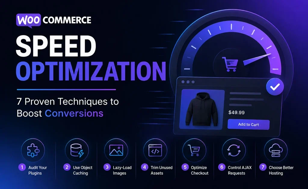WooCommerce speed optimization illustration showing proven techniques to improve store performance, faster page loading, and boost eCommerce conversions.