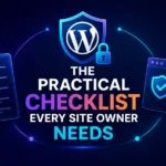 WordPress Security 2026 checklist illustration showing best practices to secure a WordPress website, including updates, plugin audits, strong authentication, backups, and login protection.